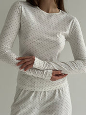Knitwear set of pants and long sleeves, polka dots, blue on white
