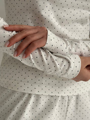 Knitwear set of pants and long sleeves, polka dots, blue on white