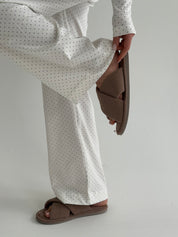 Knitwear set of pants and long sleeves, polka dots, blue on white