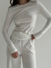 Knitwear set of pants and long sleeves, polka dots, blue on white