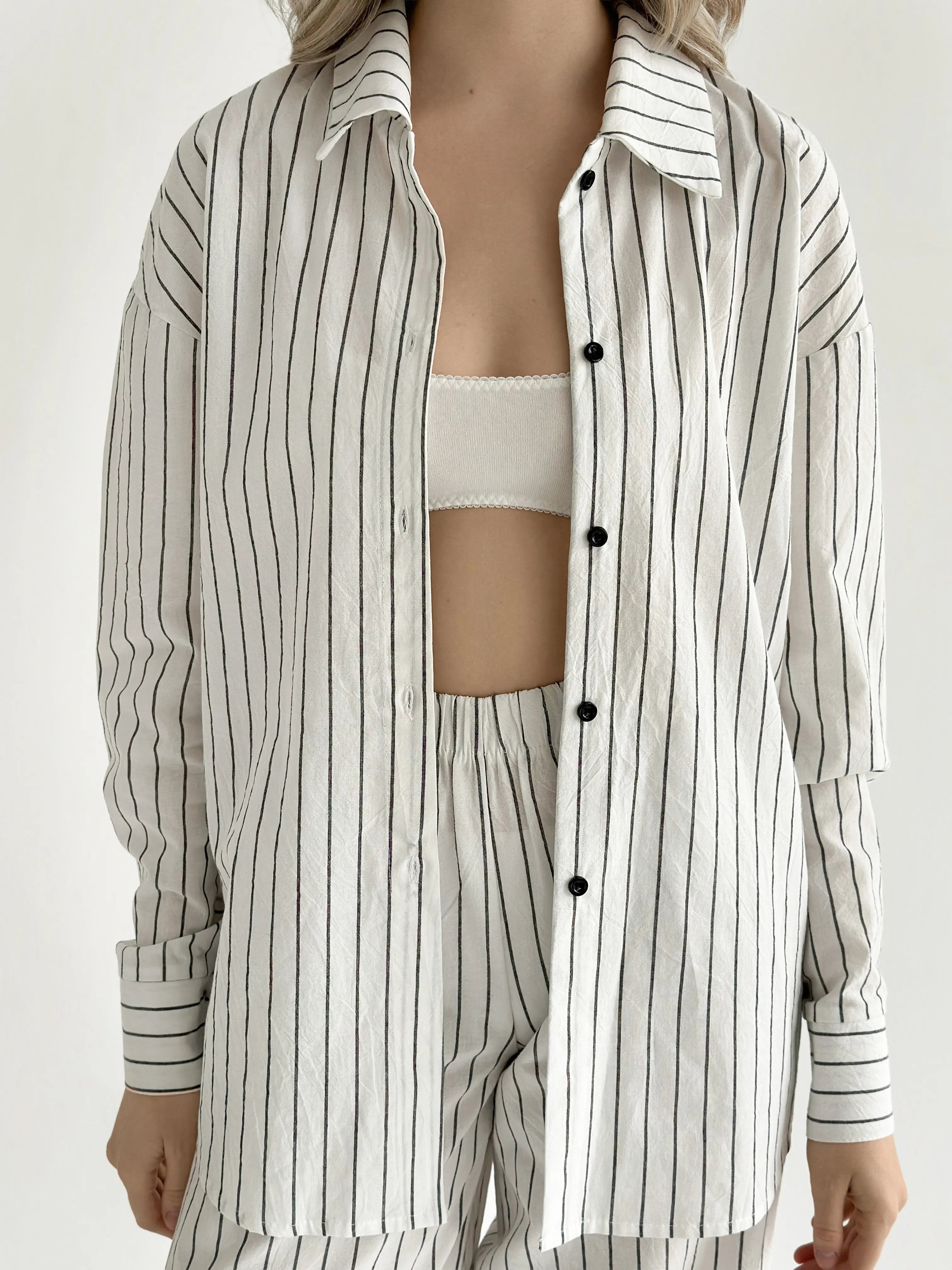 Wide stripe cotton suit Shirt and pants white/black