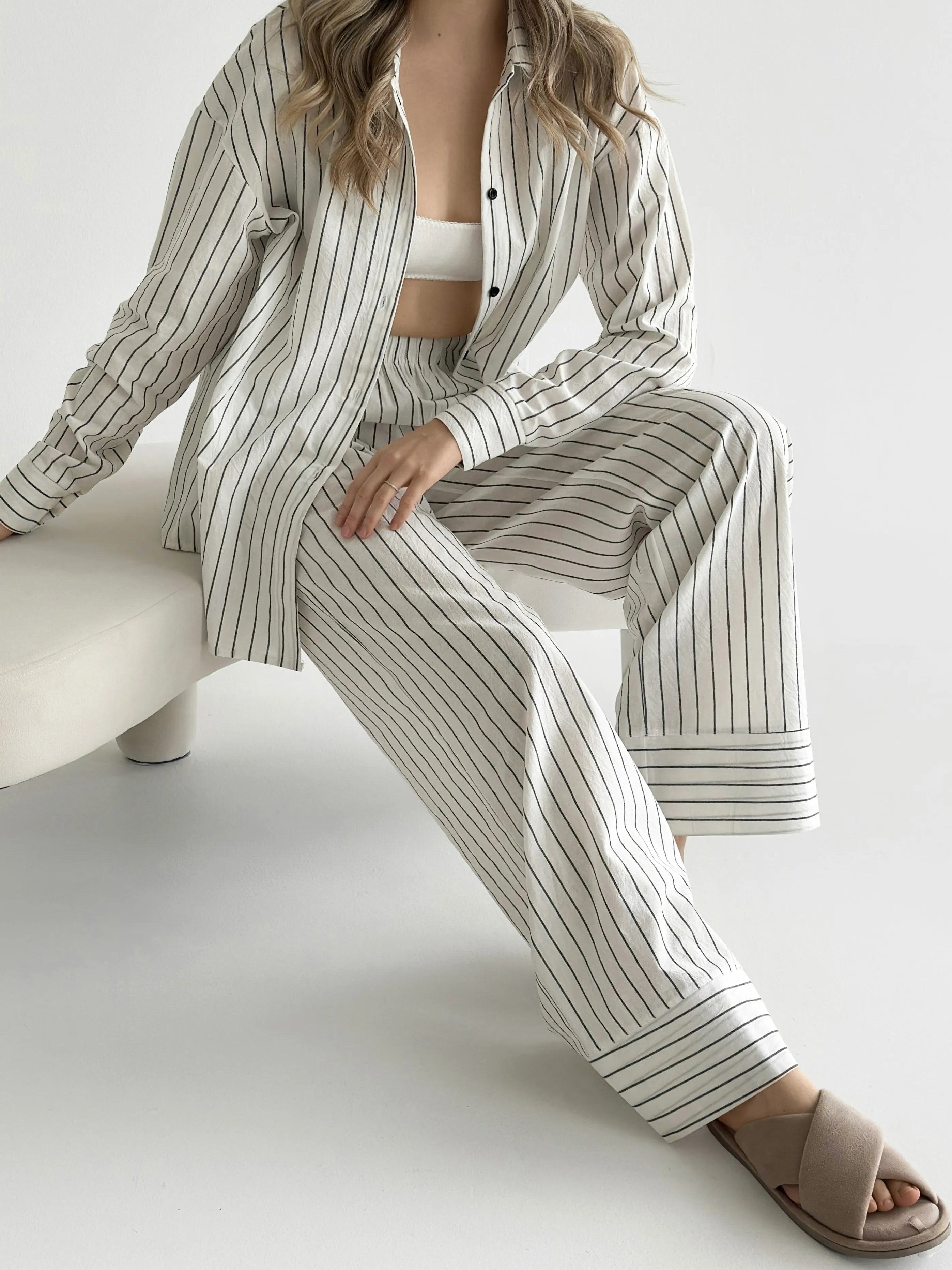 Wide stripe cotton suit Shirt and pants white/black