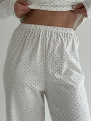Knitwear set of pants and long sleeves, polka dots, blue on white