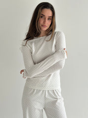 Knitwear set of pants and long sleeves, polka dots, blue on white