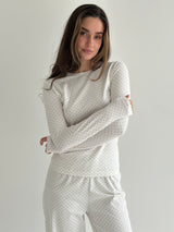Knitwear set of pants and long sleeves, polka dots, blue on white