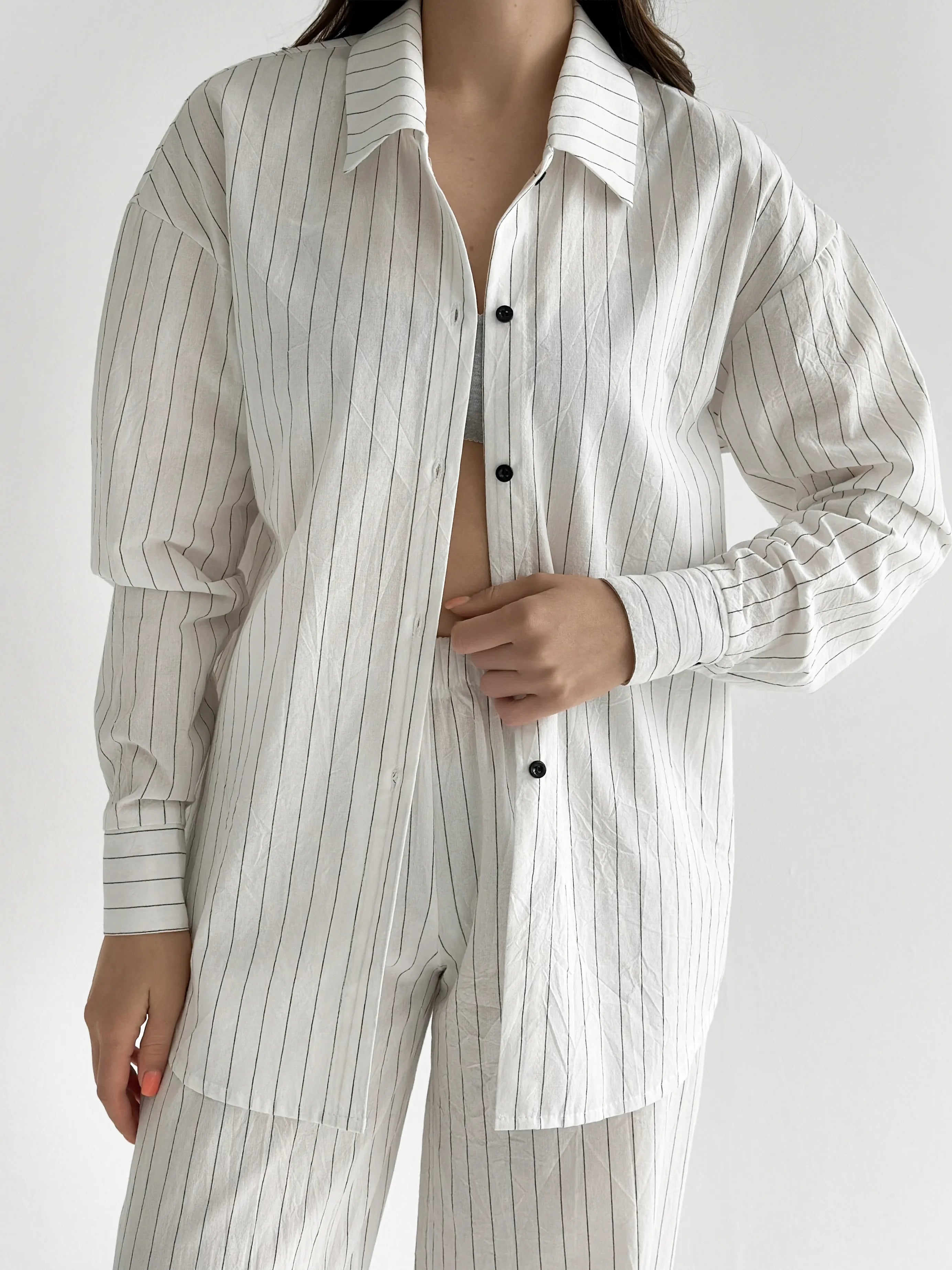 Striped suit thin cotton Shirt and pants milk/black