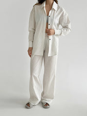 Striped suit thin cotton Shirt and pants milk/black