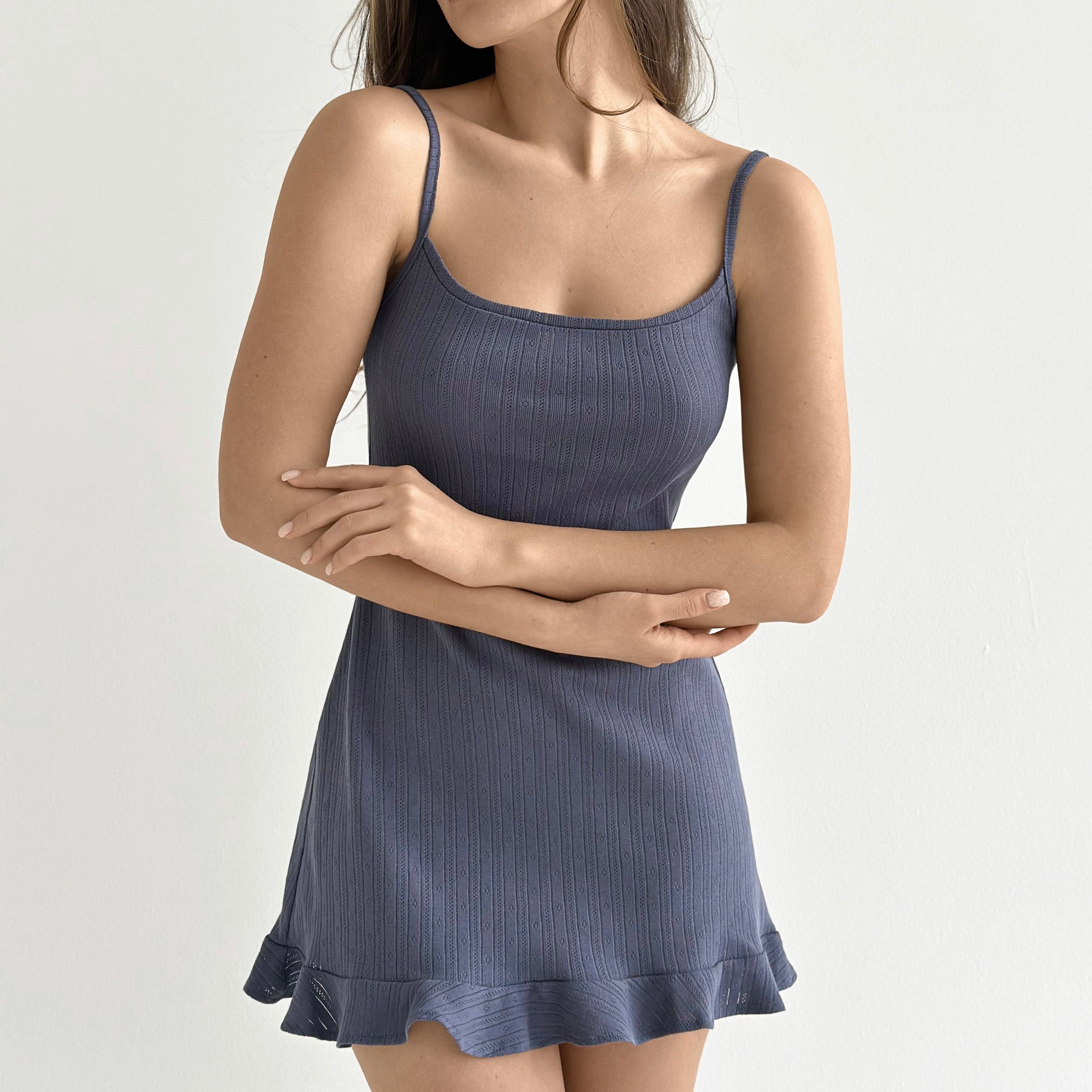 Ribbed sleep dress with ruffles blue