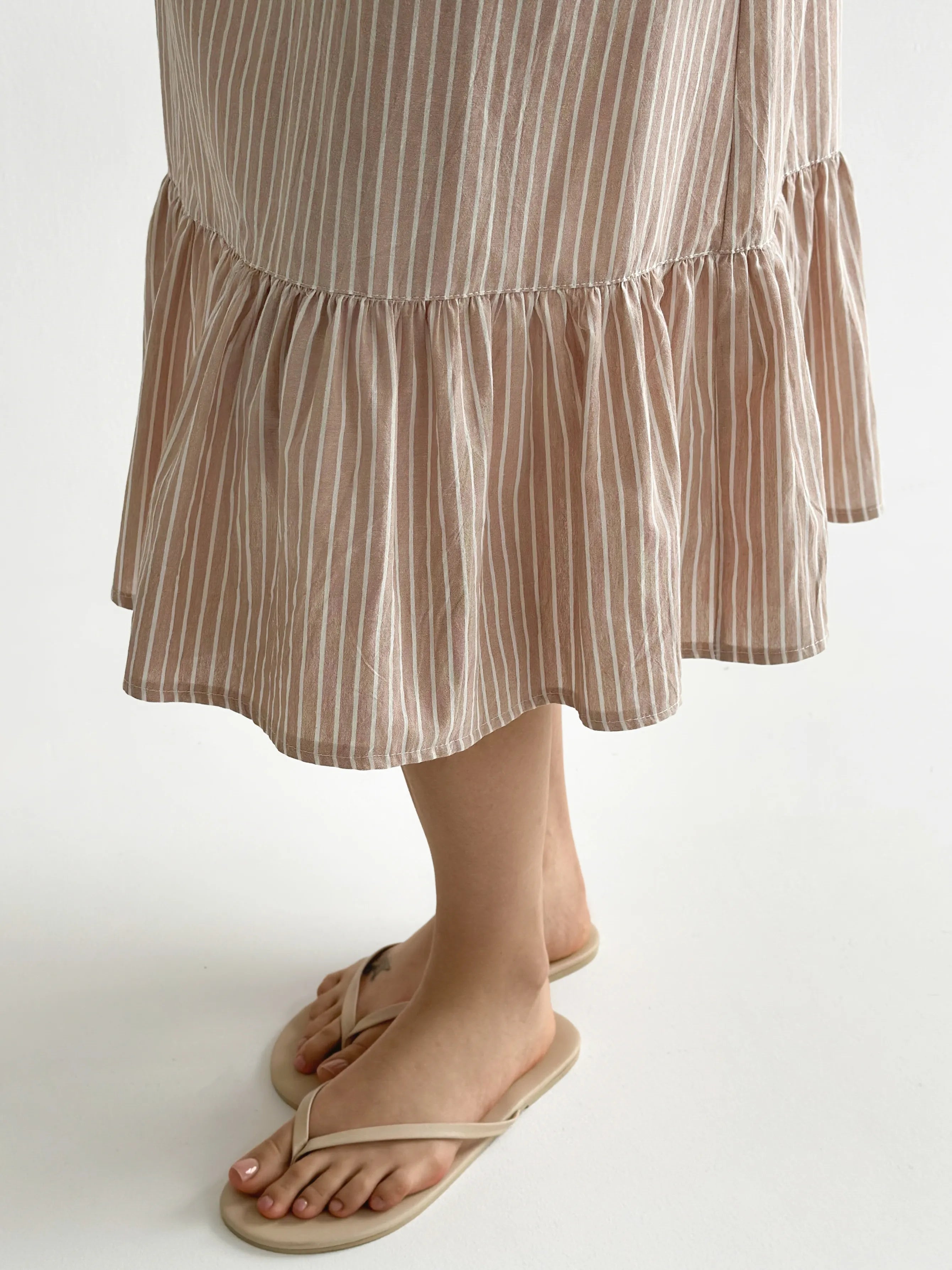 Striped cotton sundress with thin straps, beige/milk