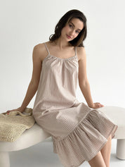 Striped cotton sundress with thin straps, beige/milk