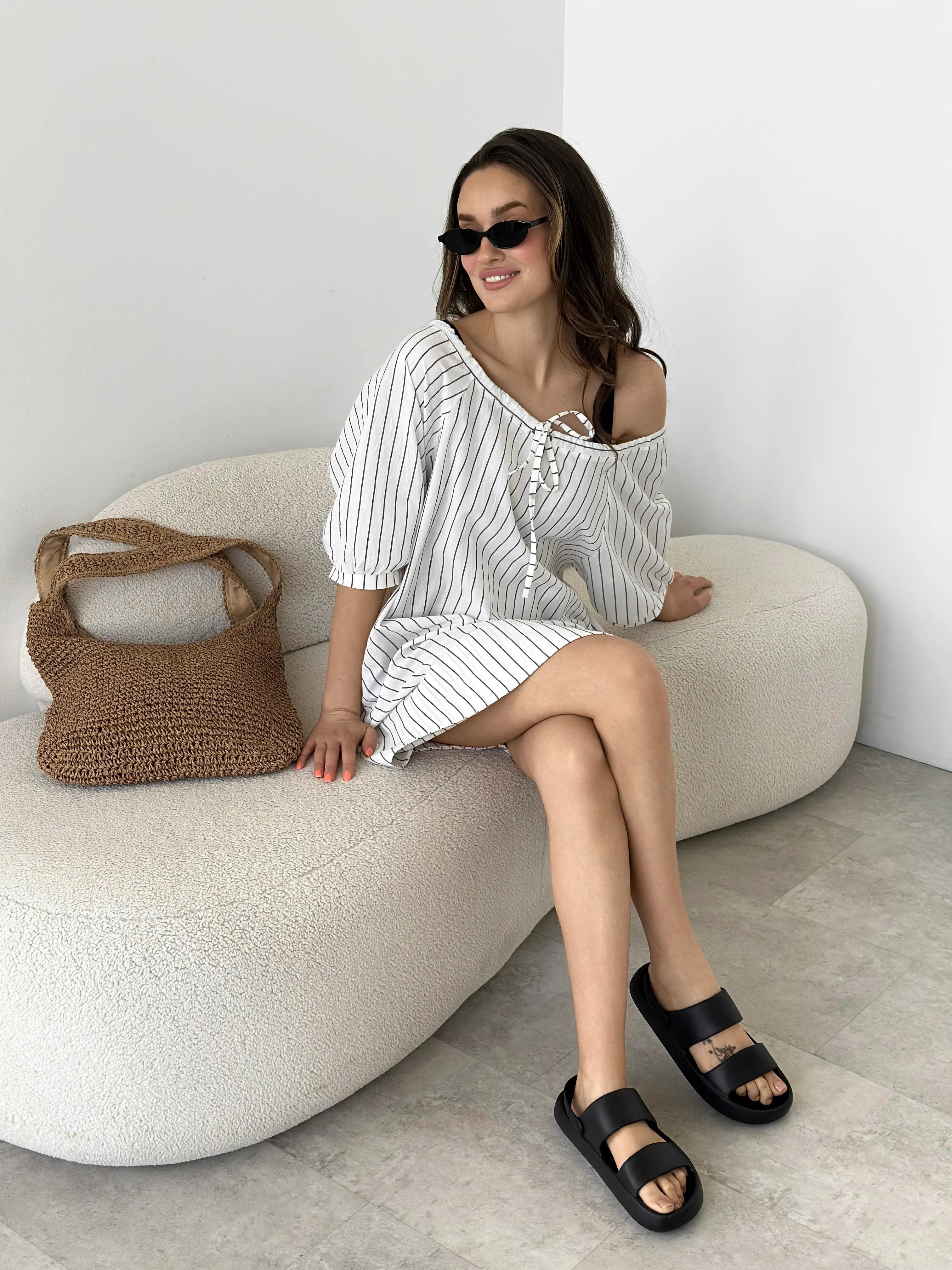 Cotton dress with wide stripes Oversize milk/black