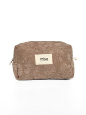 Medium jacquard terry cosmetic bag with flowers, brown color