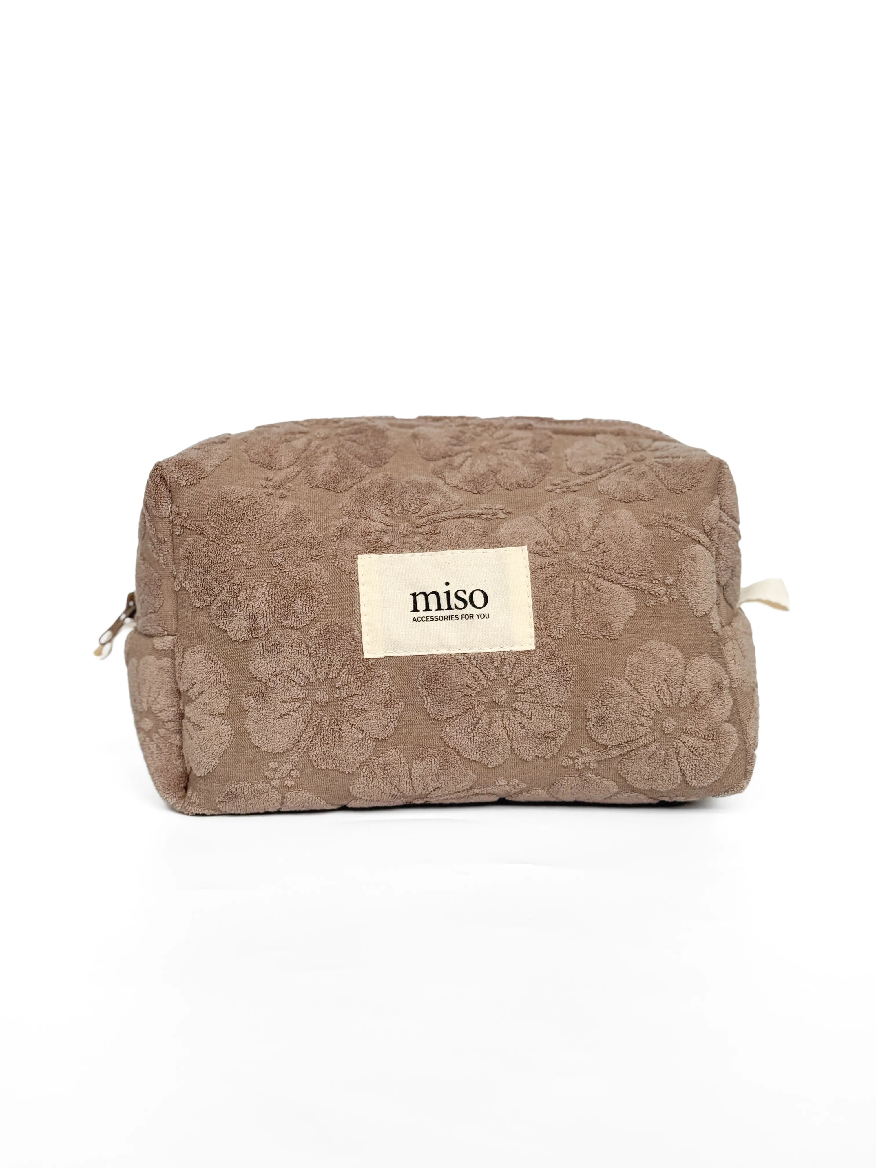 Medium jacquard terry cosmetic bag with flowers, brown color