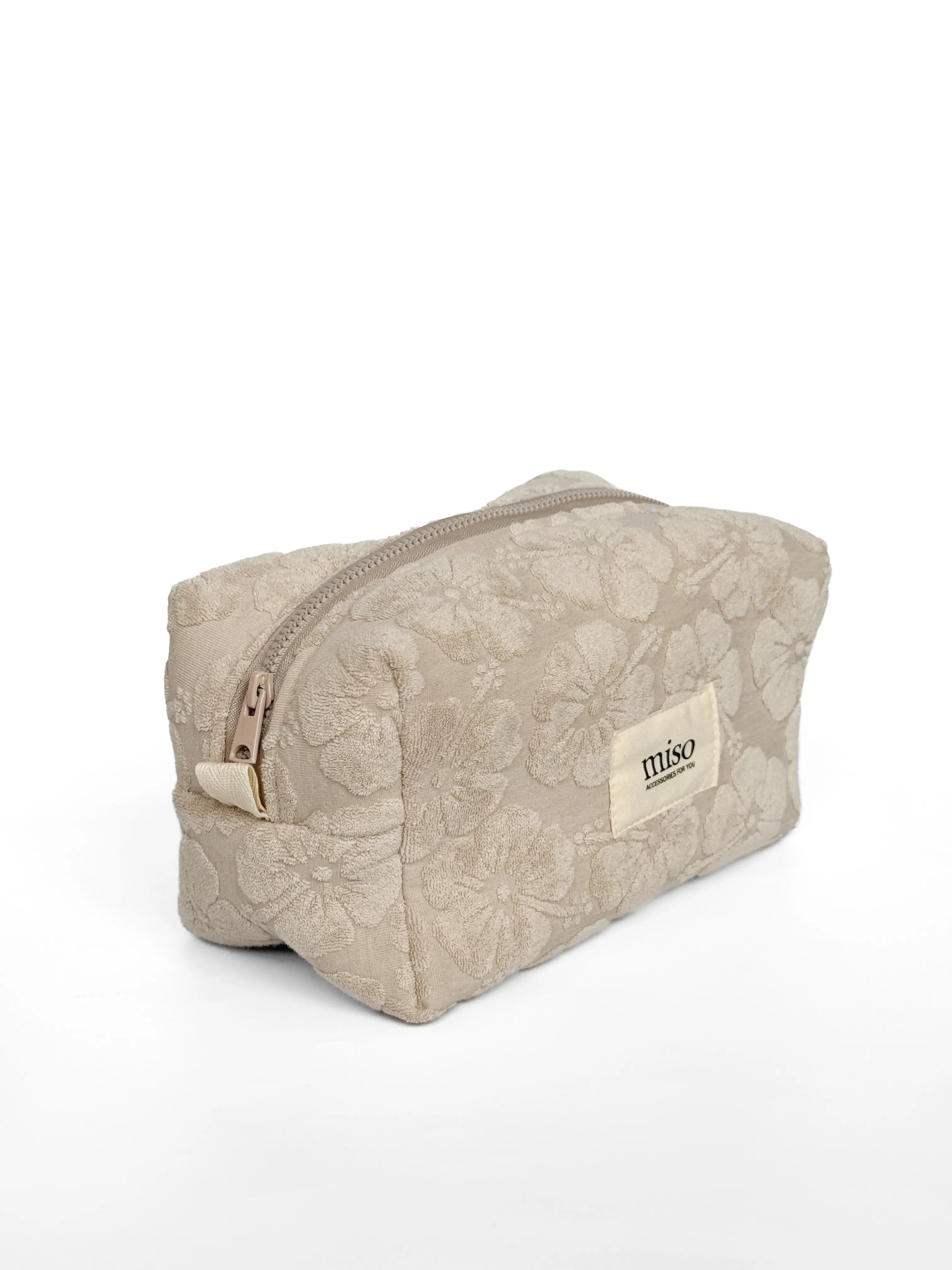 Medium jacquard terry cosmetic bag with flowers, beige color