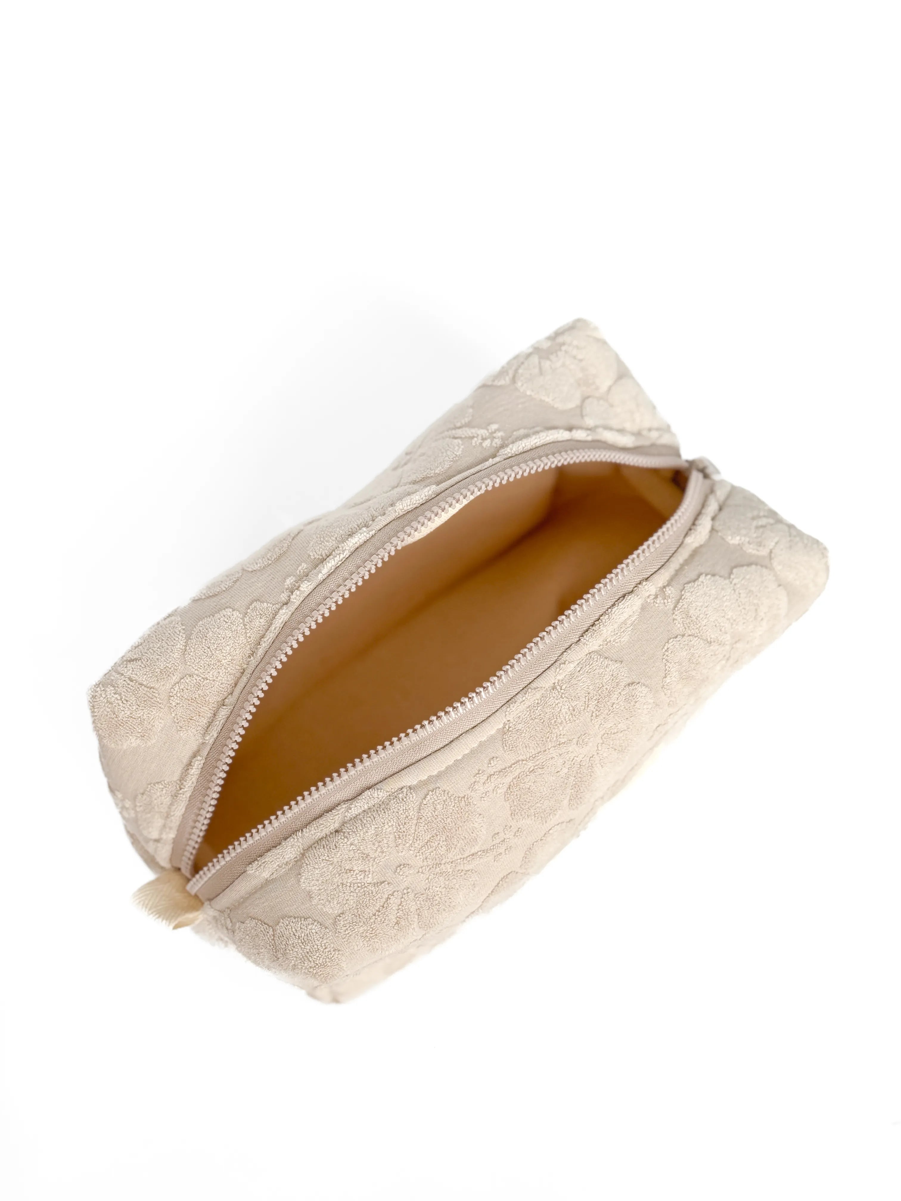 Medium jacquard terry cosmetic bag with flowers, beige color