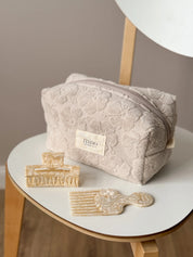Medium jacquard terry cosmetic bag with flowers, beige color
