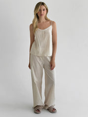 Cotton thin stripe suit T-shirt and pants with lace beige/milk