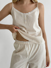 Cotton thin stripe suit T-shirt and pants with lace beige/milk