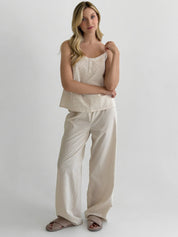 Cotton thin stripe suit T-shirt and pants with lace beige/milk