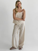 Cotton thin stripe suit T-shirt and pants with lace beige/milk