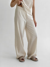 Cotton thin stripe suit T-shirt and pants with lace beige/milk