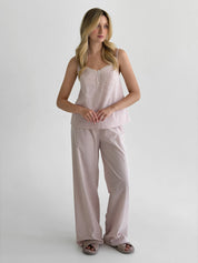 Cotton thin stripe suit T-shirt and pants with lace powder/milk