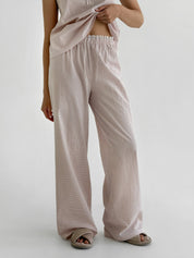 Cotton thin stripe suit T-shirt and pants with lace powder/milk