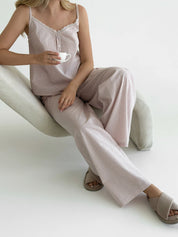 Cotton thin stripe suit T-shirt and pants with lace powder/milk