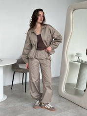 Beige Cotton Bomber Jacket and Pants Suit