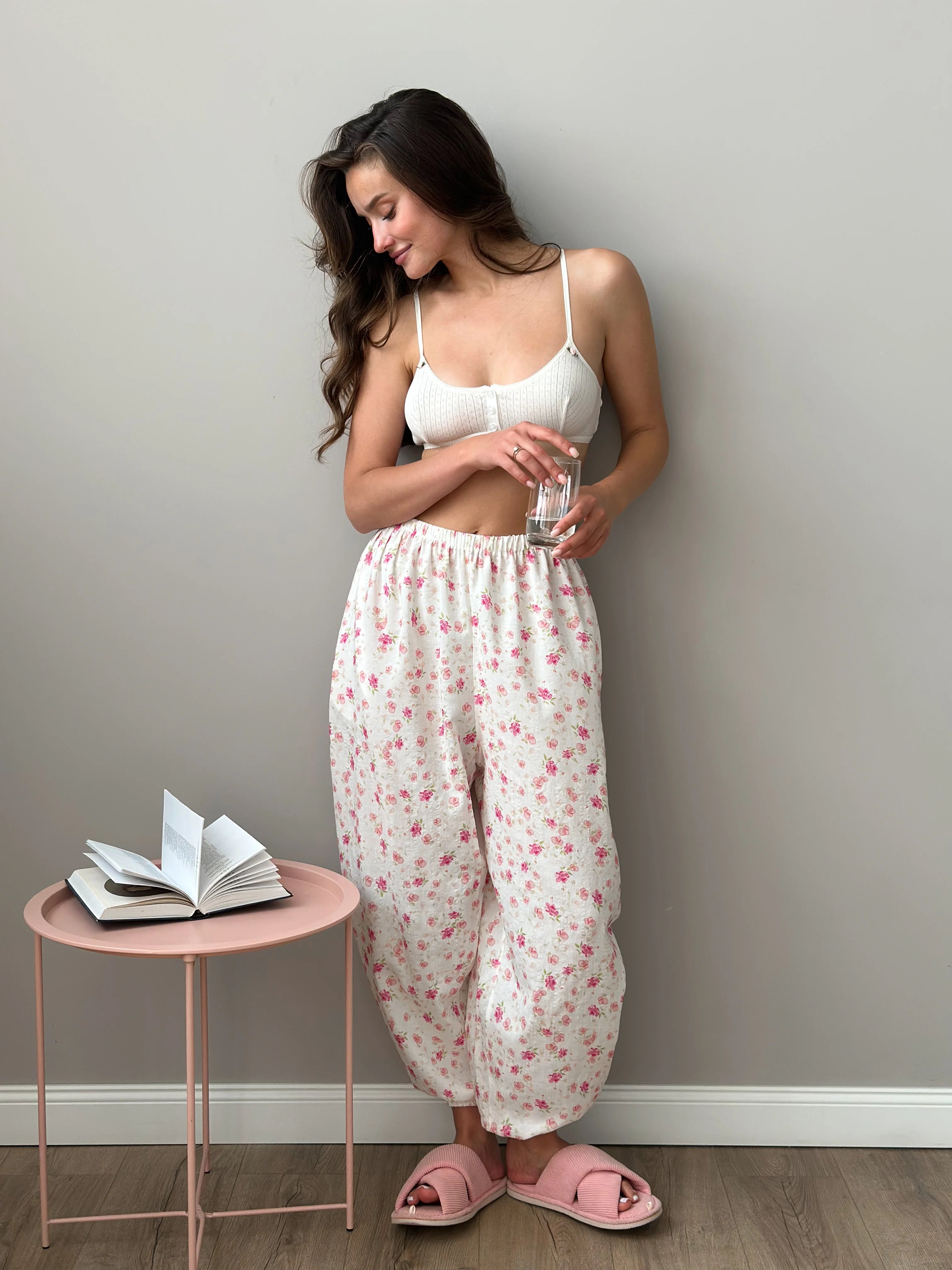Cambric harem pants "watercolor on white"