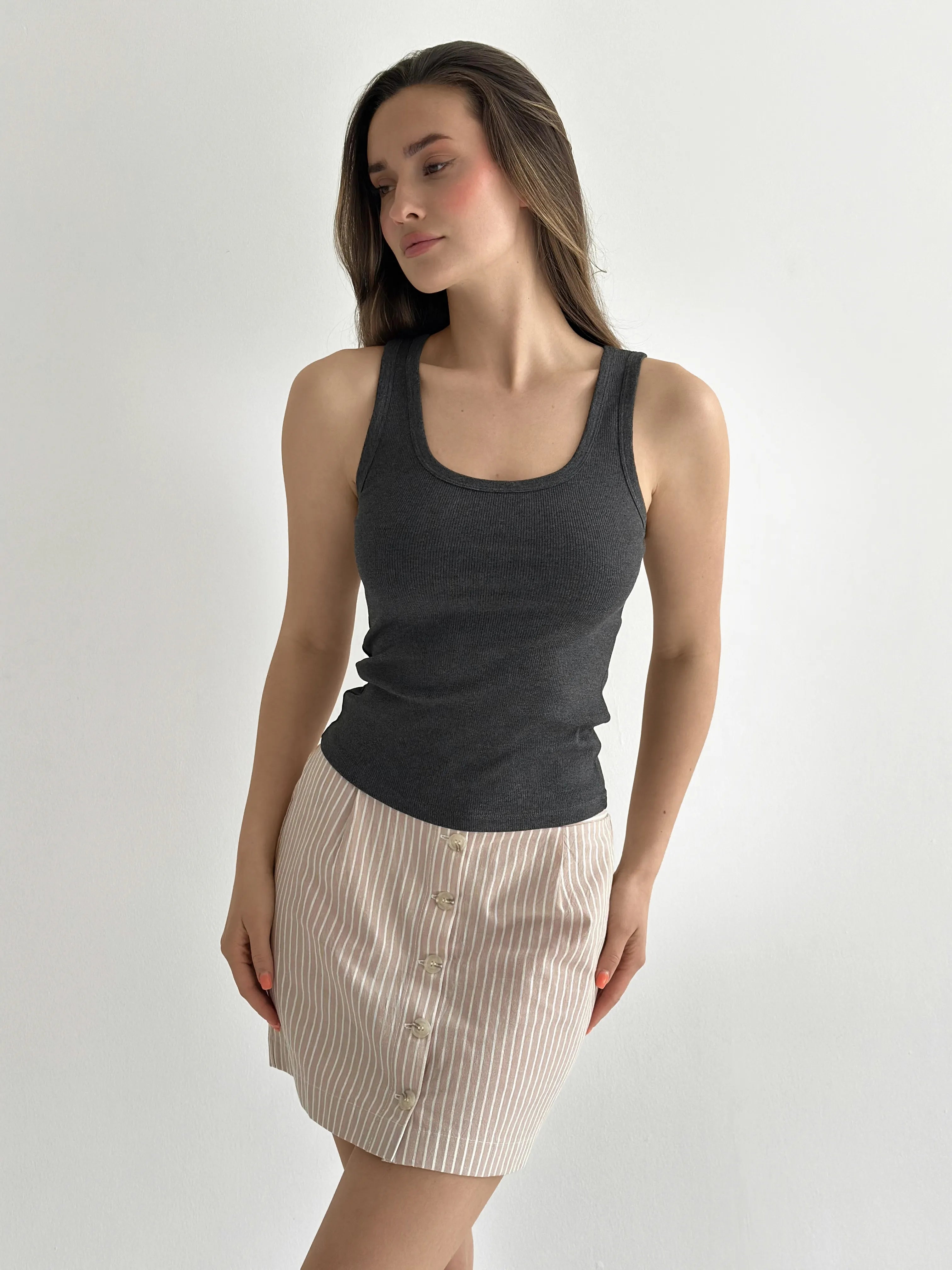 Short cotton striped skirt with buttons beige/milk