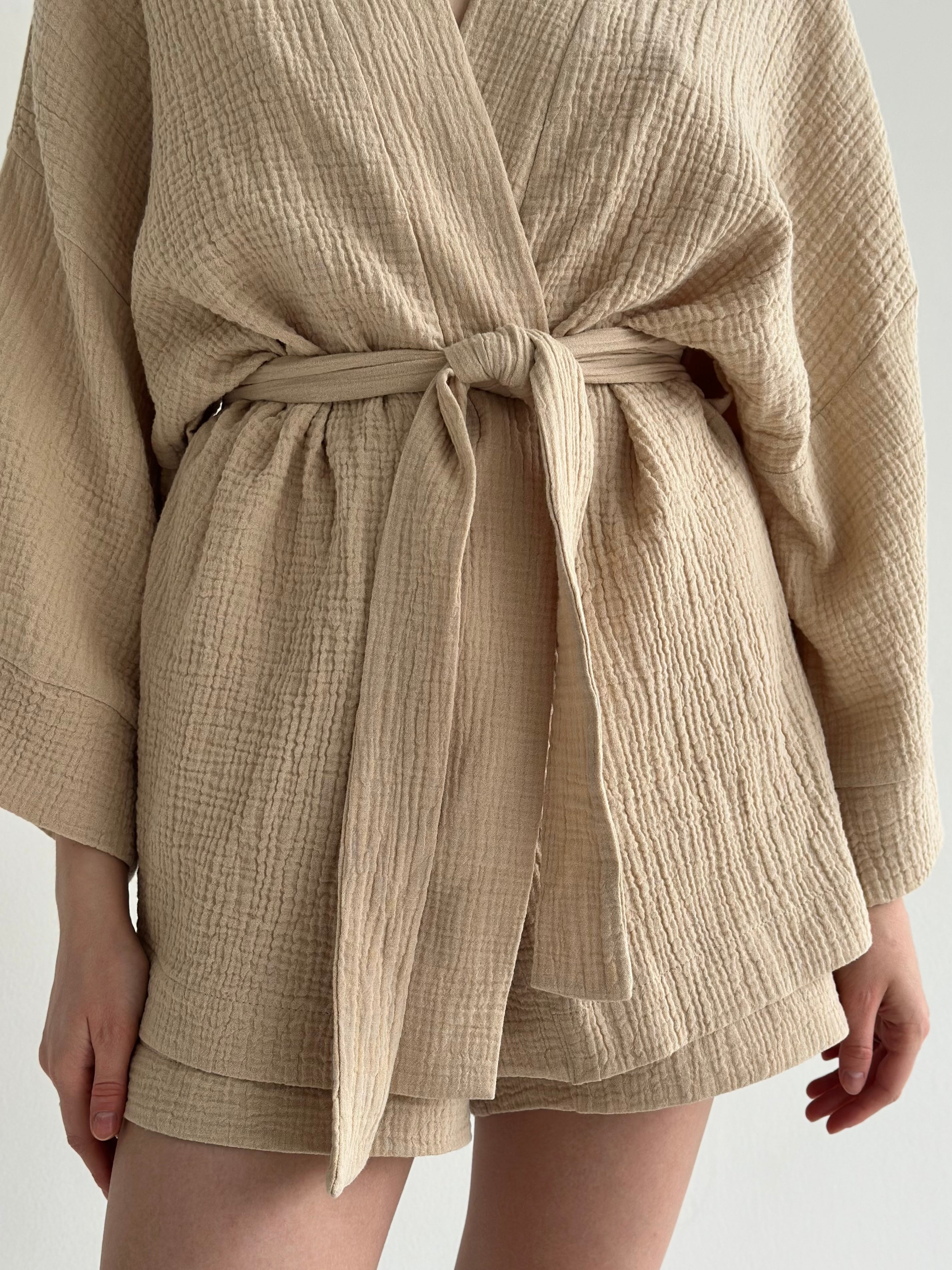 Muslin set 2-layer kimono and shorts beige