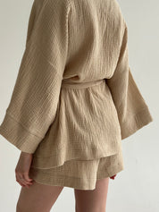 Muslin set 2-layer kimono and shorts beige