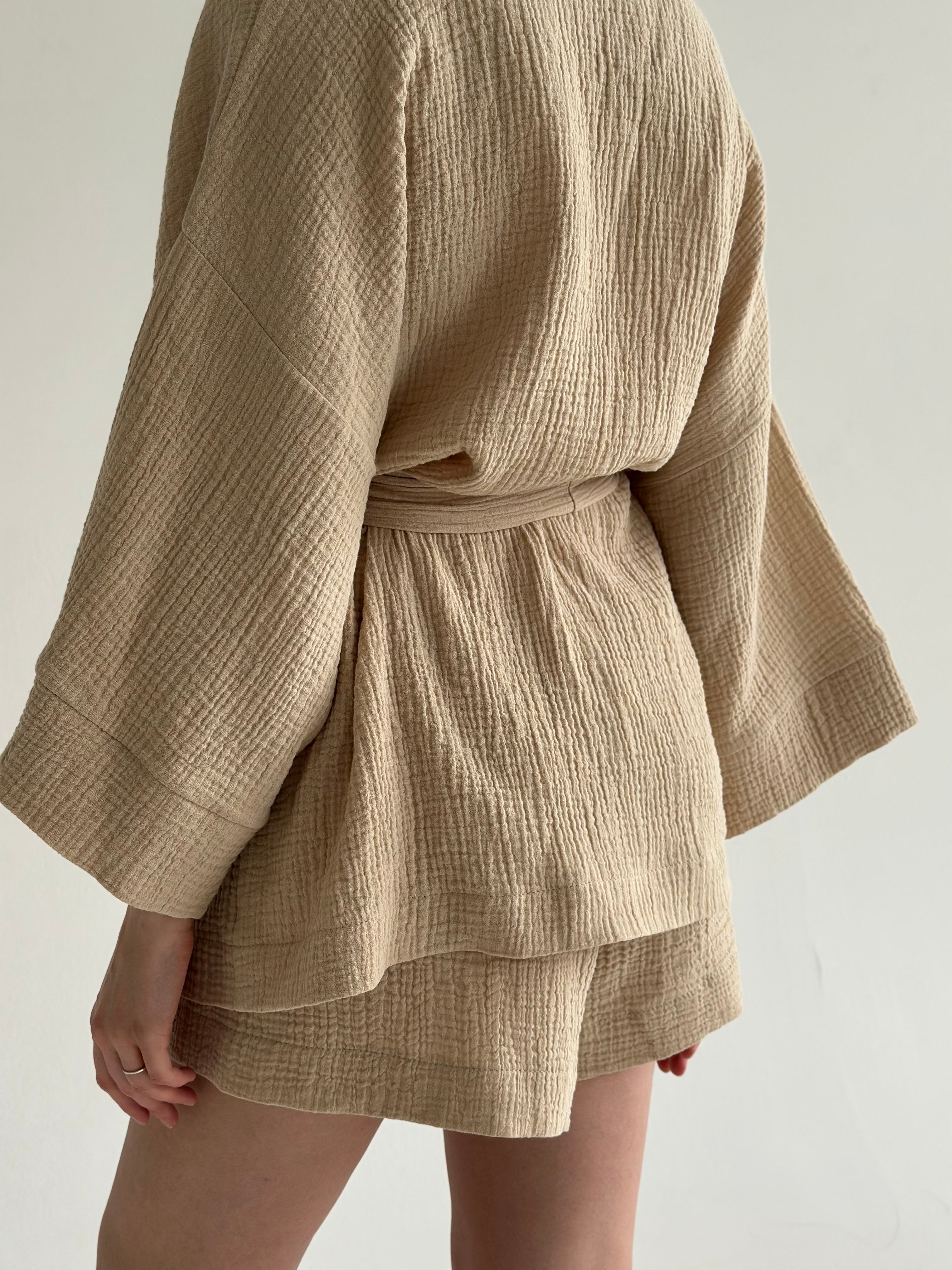 Muslin set 2-layer kimono and shorts beige