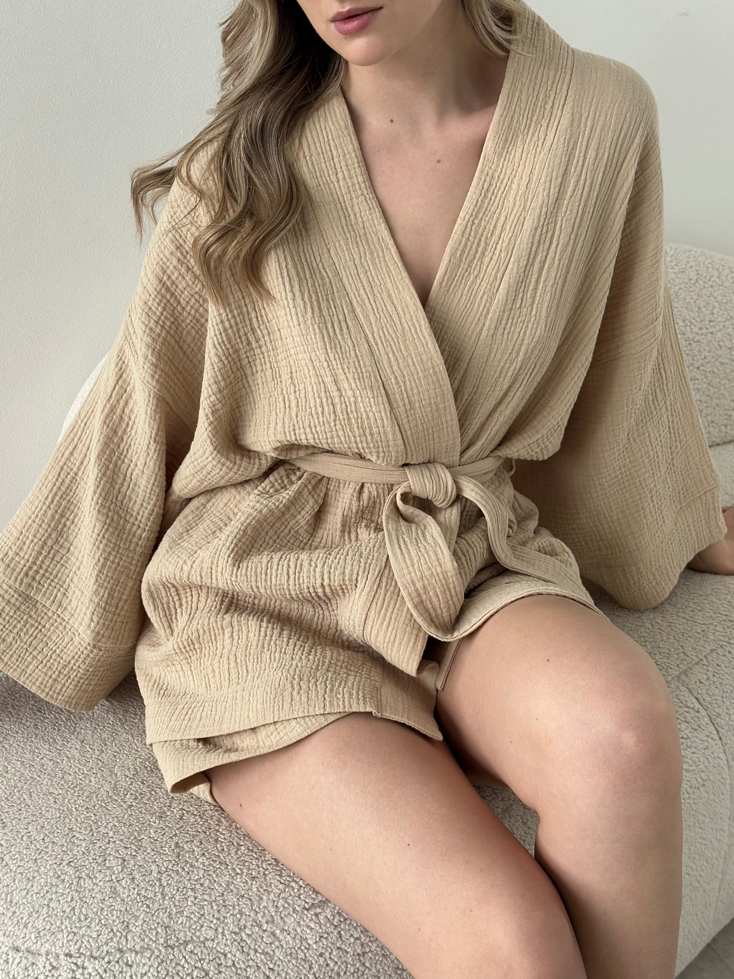 Muslin set 2-layer kimono and shorts beige