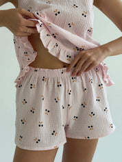 Muslin T-shirt and shorts suit, cherry on powder