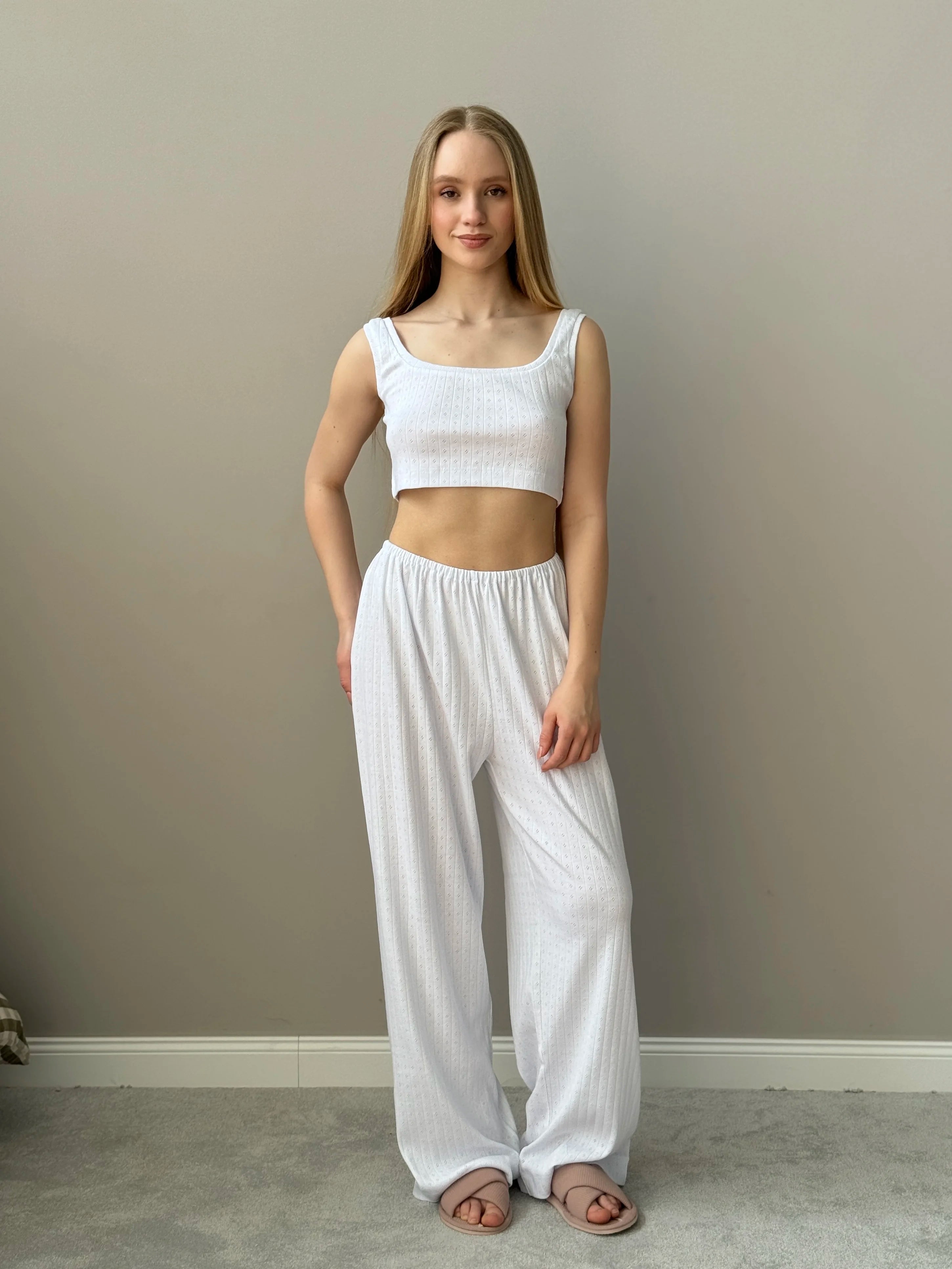 Ribbed wide pants white