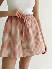 Check cotton skirt with drawstring, powder/milk