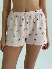 Muslin T-shirt and shorts suit, cherry on powder