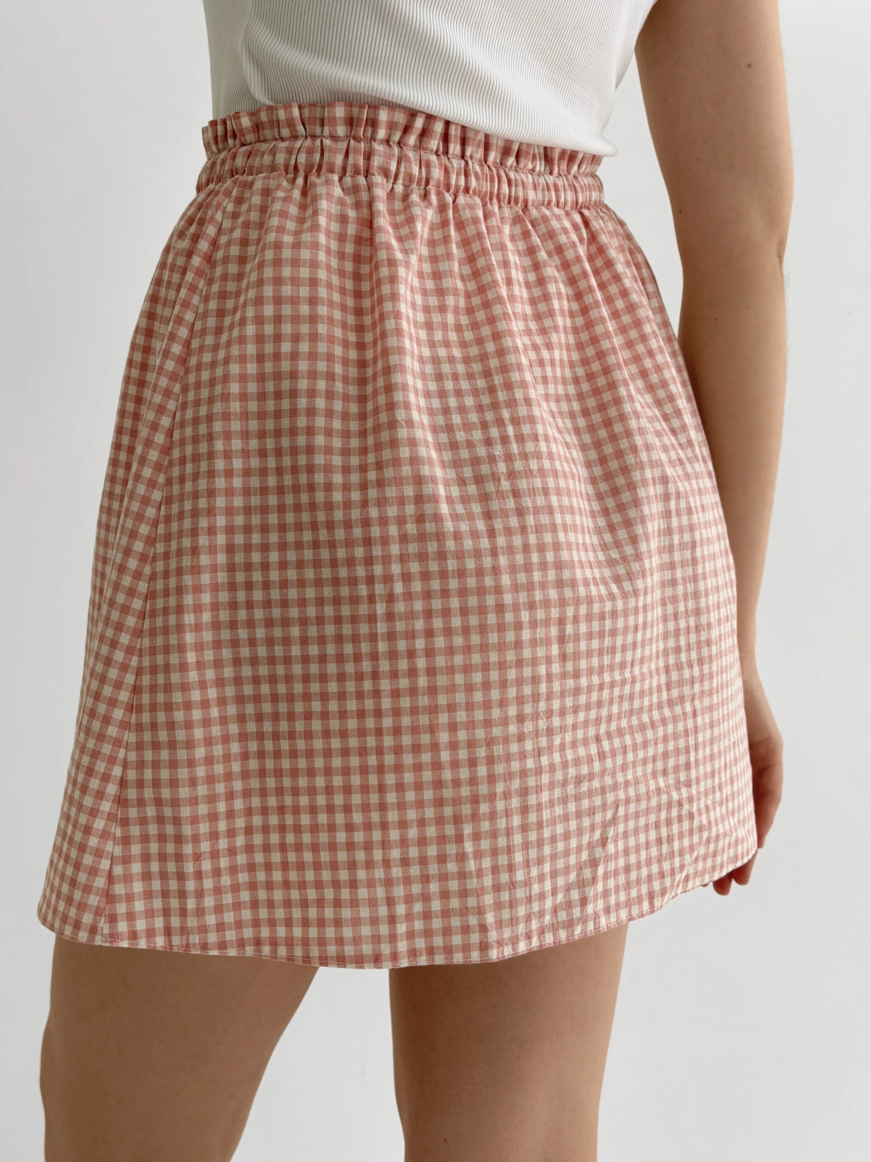 Check cotton skirt with drawstring, powder/milk