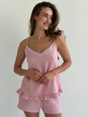 Muslin T-shirt and shorts suit, white on pink polka dots