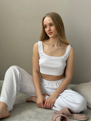 Ribbed wide pants white
