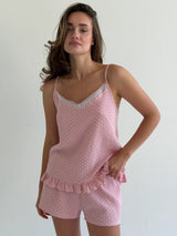 Muslin T-shirt and shorts suit, white on pink polka dots