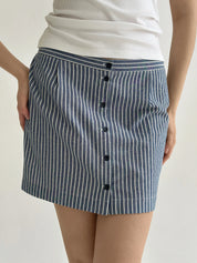 Short cotton striped skirt with buttons, blue/milk