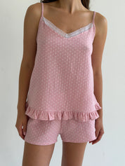 Muslin T-shirt and shorts suit, white on pink polka dots