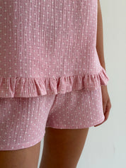 Muslin T-shirt and shorts suit, white on pink polka dots