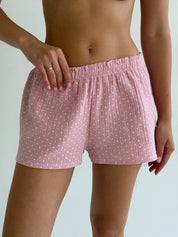 Muslin T-shirt and shorts suit, white on pink polka dots