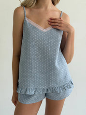 Muslin T-shirt and shorts suit, white on blue polka dots