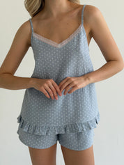Muslin T-shirt and shorts suit, white on blue polka dots