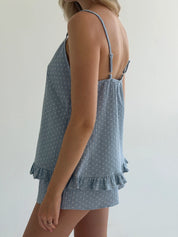 Muslin T-shirt and shorts suit, white on blue polka dots